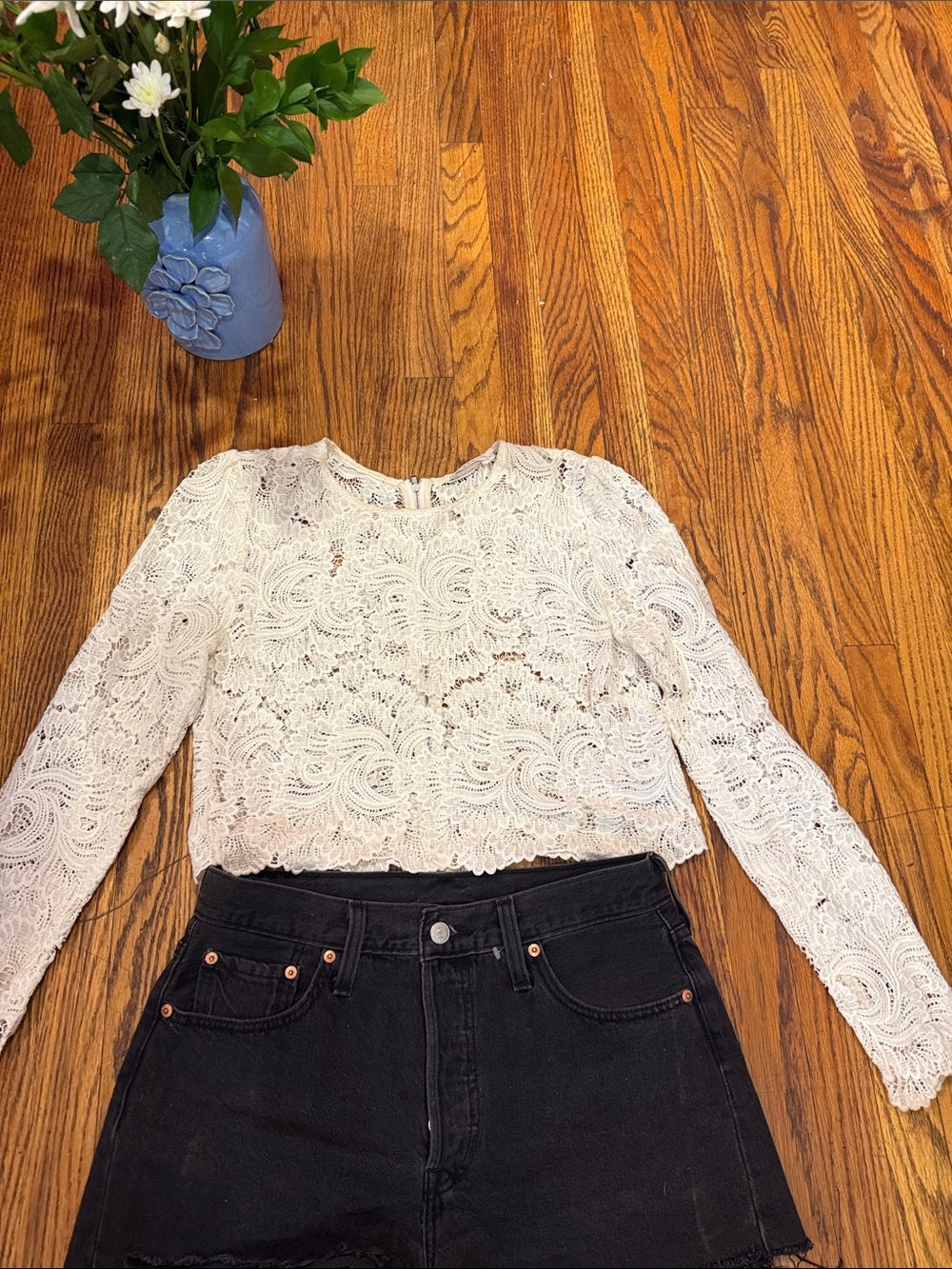 A.L.C. White Lace Long-Sleeve Crop Top